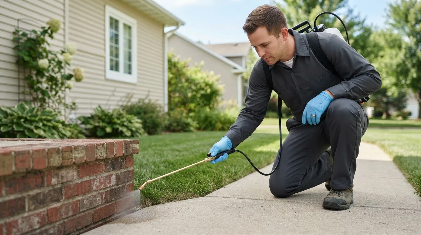 Pest control technician treating a home near Pingree, ID
